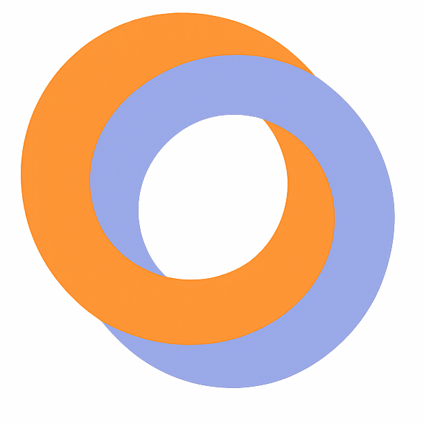 Abstract logo: orange ring interwoven with a blue ring on a blurred gradient background, decorative.